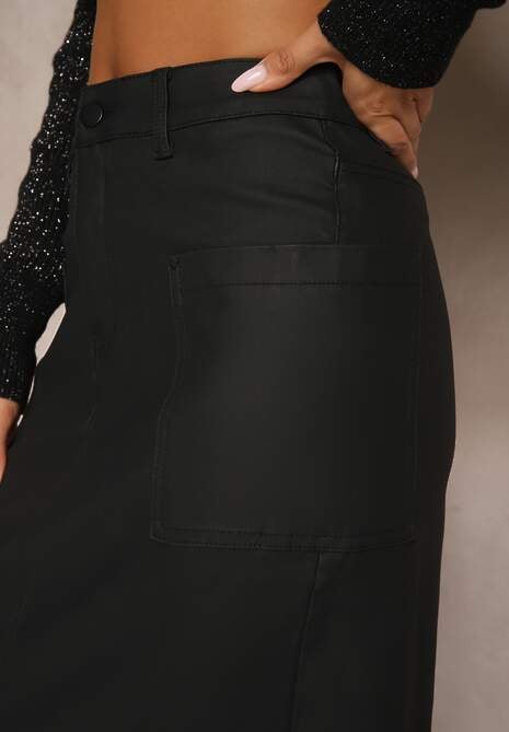 Czarna Spódnica Zapinana na Zamek z Kieszeniami i Guzikiem o Dopasowanym Fasonie Bahar