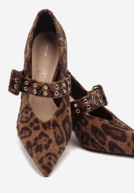 Brązowe Panterkowe Czółenka Vices na Szpilce z Wkładką ze Skóry Naturalnej z Klamrą Nalisette