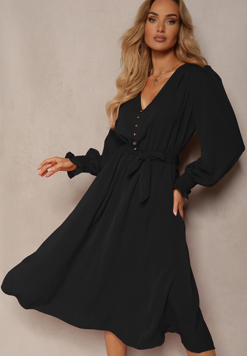 Czarna Sukienka z Bufiastym Rękawem i Wiązanym Paskiem Corrine