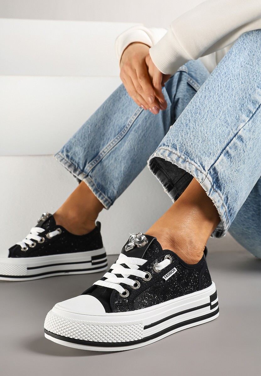 Czarne Trampki na Platformie z Cyrkoniami i Koronką Nusilwen