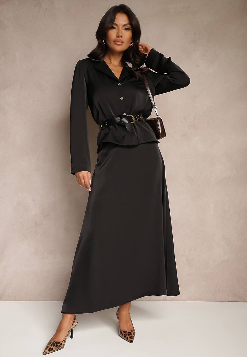 Czarna Koszula Satynowa z Małymi Wycięciami na Dole Klimea