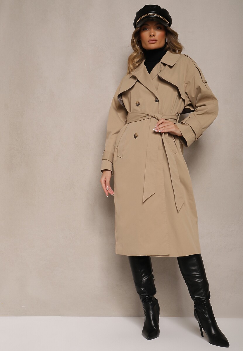 Beżowy Płaszcz Trencz o Dwurzędowym Kroju z Rozcięciem i Klapą Wiązany w Talii Valezi