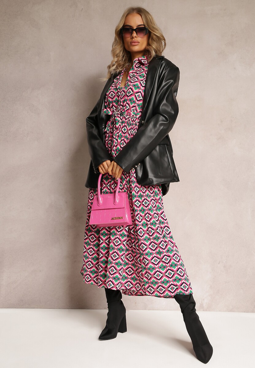 Fuksjowa Plisowana Sukienka Koszulowa z Wiązanym Paskiem Helminesa