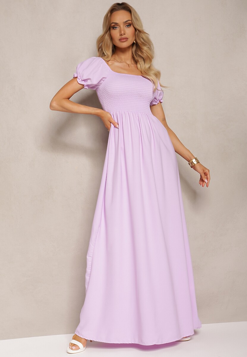 Różowa Sukienka z Gumeczkami w Talii i Przy Dekolcie z Rozkloszowanym Dołem Anideta