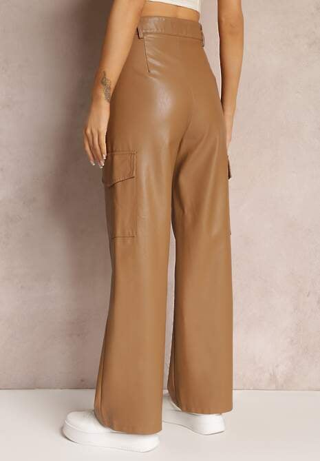 Brązowe Szerokie Spodnie z Wysokim Stanem z Imitacji Skóry Alymia