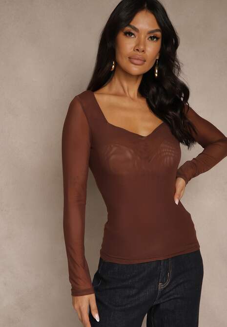 Brązowa Bluzka Longsleeve z Siateczki z Wiskozą z Dekoltem w Serce Elinevia