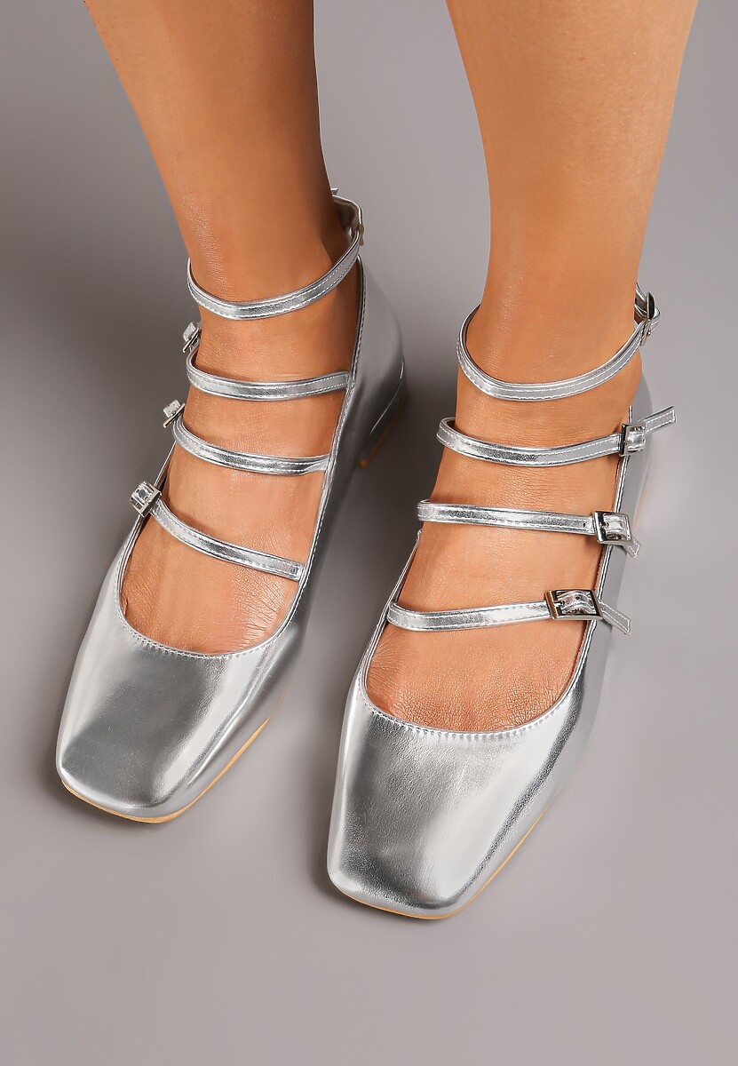 Srebrne Balerinki z Paskami Zapinanymi na Sprzączki Prundia