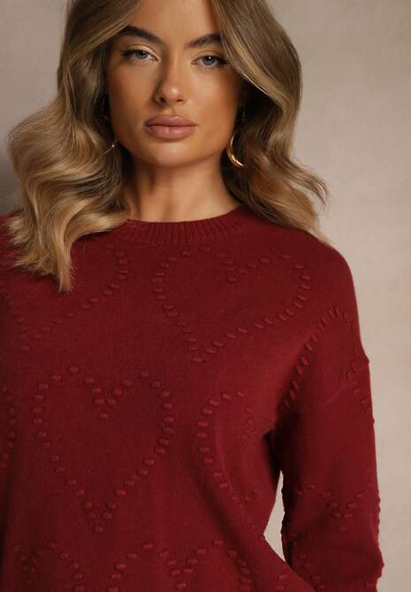 Bordowy Sweter z Tłoczonymi Sercami Unareia