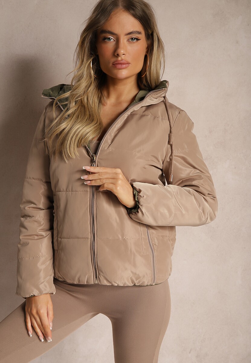 Czarno-Zielona Pikowana Kurtka Dwustronna z Kapturem Ozdobiona Suwakami Nevetila