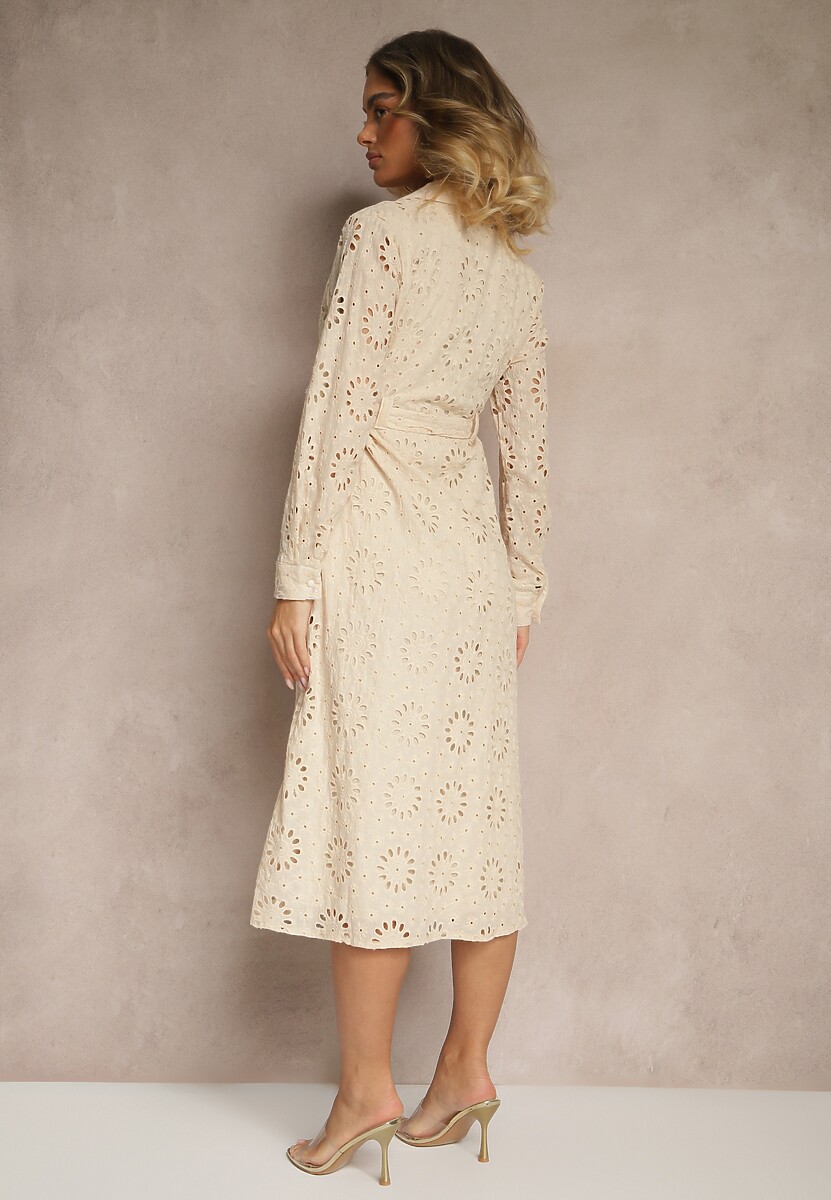 Beżowa Ażurowa Sukienka Koszulowa Ozdobiona Paskiem Tananilia