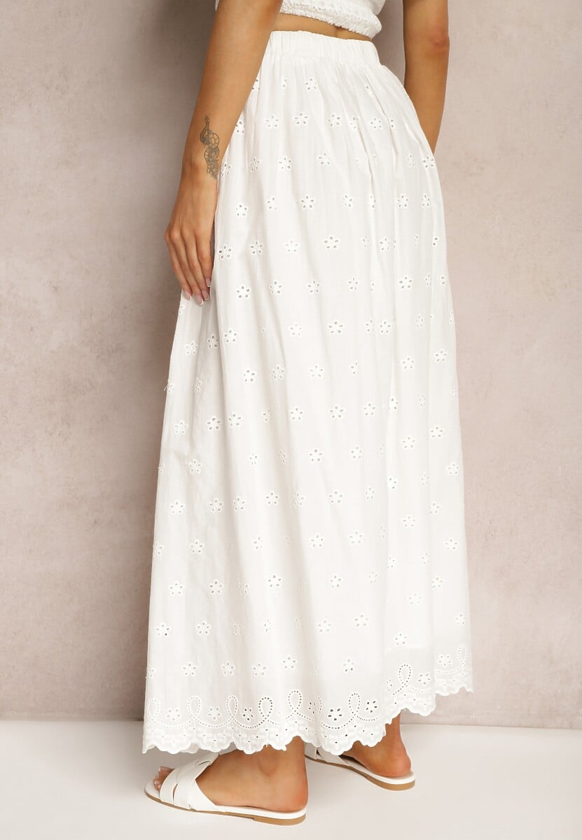 Biała Bawełniana Rozkloszowana Spódnica z Haftem Podszewką i Gumką w Pasie Illonica
