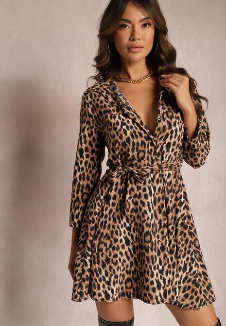 Brązowa Sukienka Mini w Zwierzęcy Wzór z Trójkątnym Dekoltem i Wiązaniem w Talii Vidan