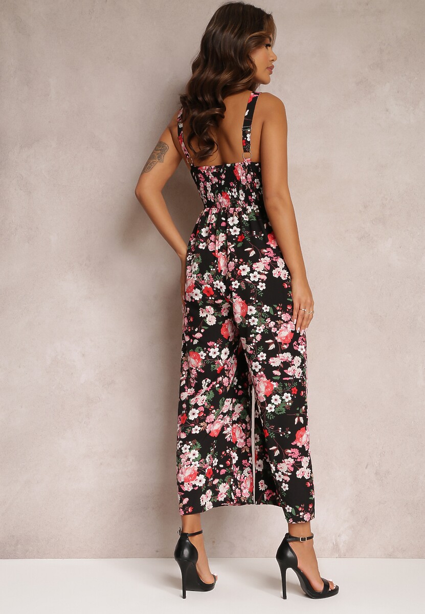 Czarny Kombinezon z Szerokimi Nogawkami i Wiązaniem Przy Dekolcie Gloryhallo