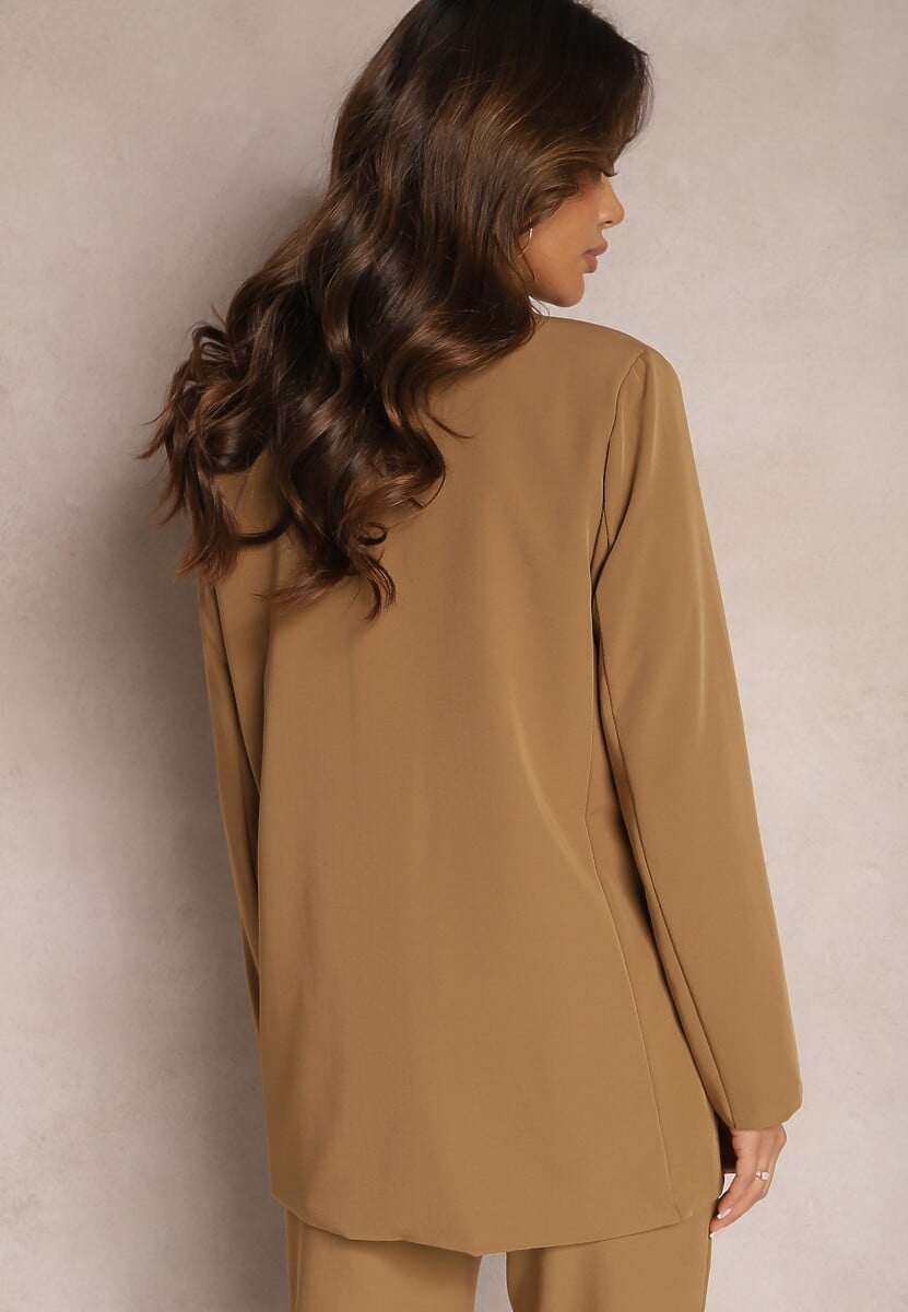 Beżowa Dwurzędowa Marynarka na Guziki z Poduszkami w Ramionach Elennia