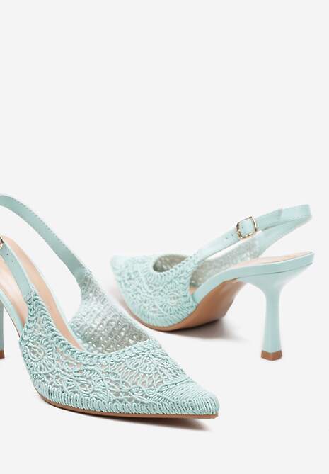 Zielone Sandały na Niskiej Szpilce z Ażurowym Wykończeniem i Regulowanym Paskiem Ewianessa