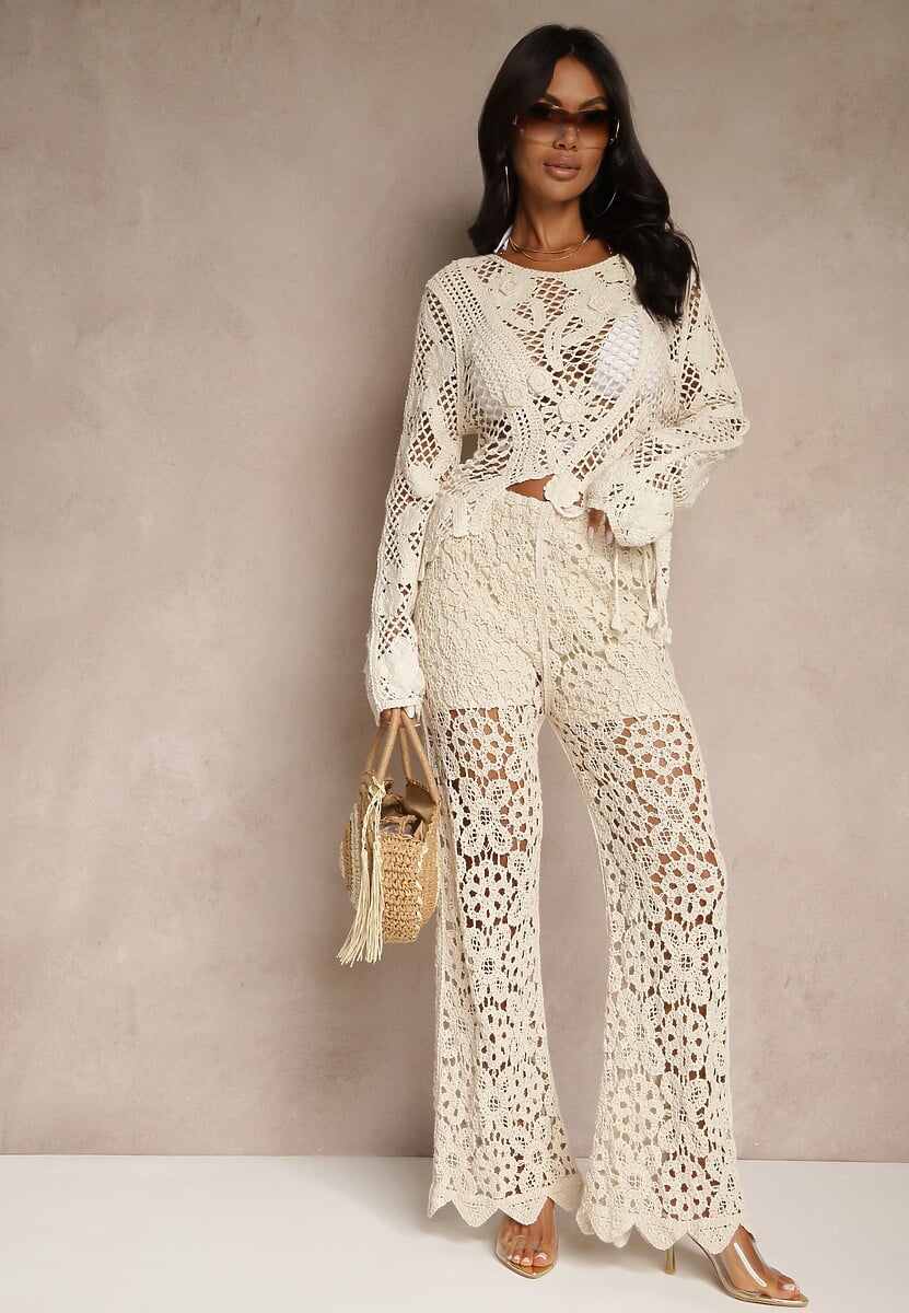 Beżowa Bawełniana Bluzka z Ażurowym Motywem Halindrea