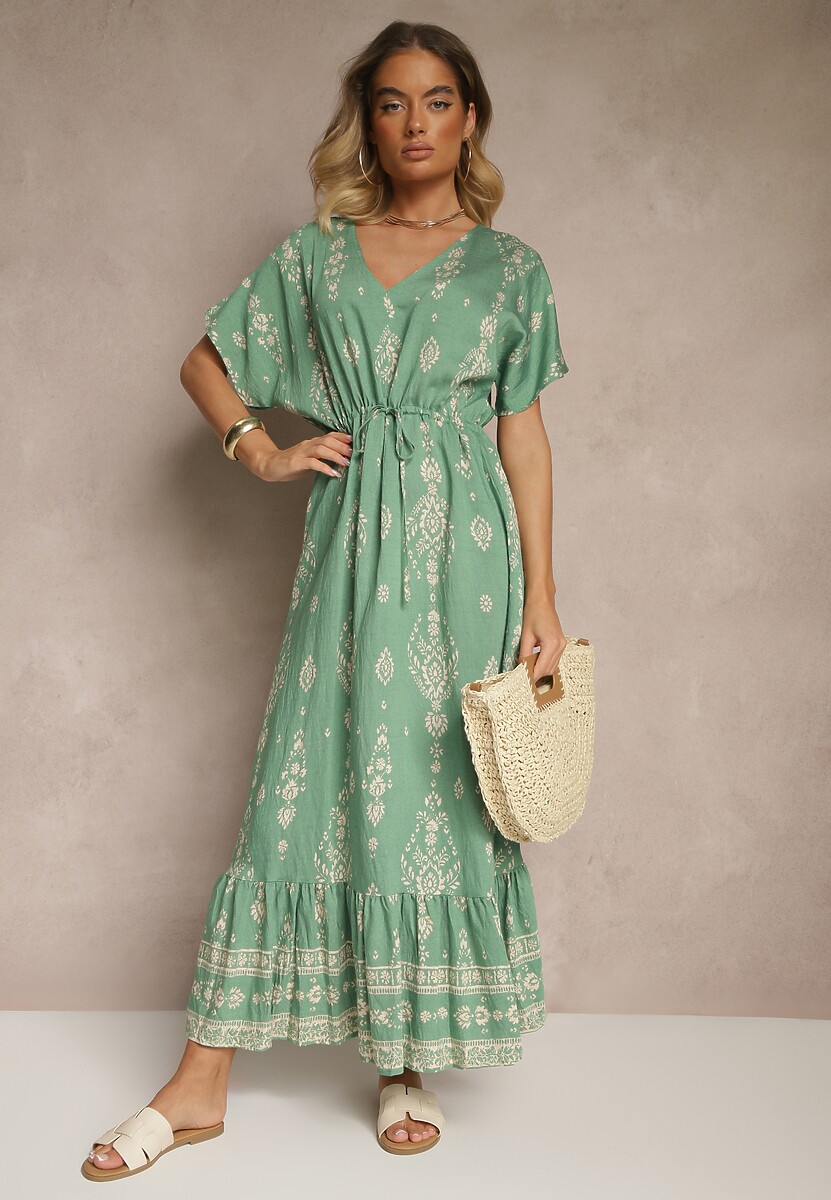 Zielona Rozkloszowana Sukienka z Falbanką w Print Boho z Wiskozą Tunova