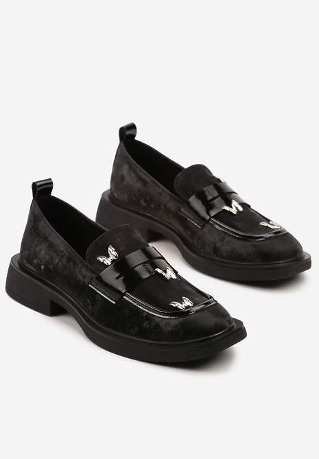 Czarne Mokasyny ze Srebrnymi Motylami i Skórzaną Wkładką Tunira