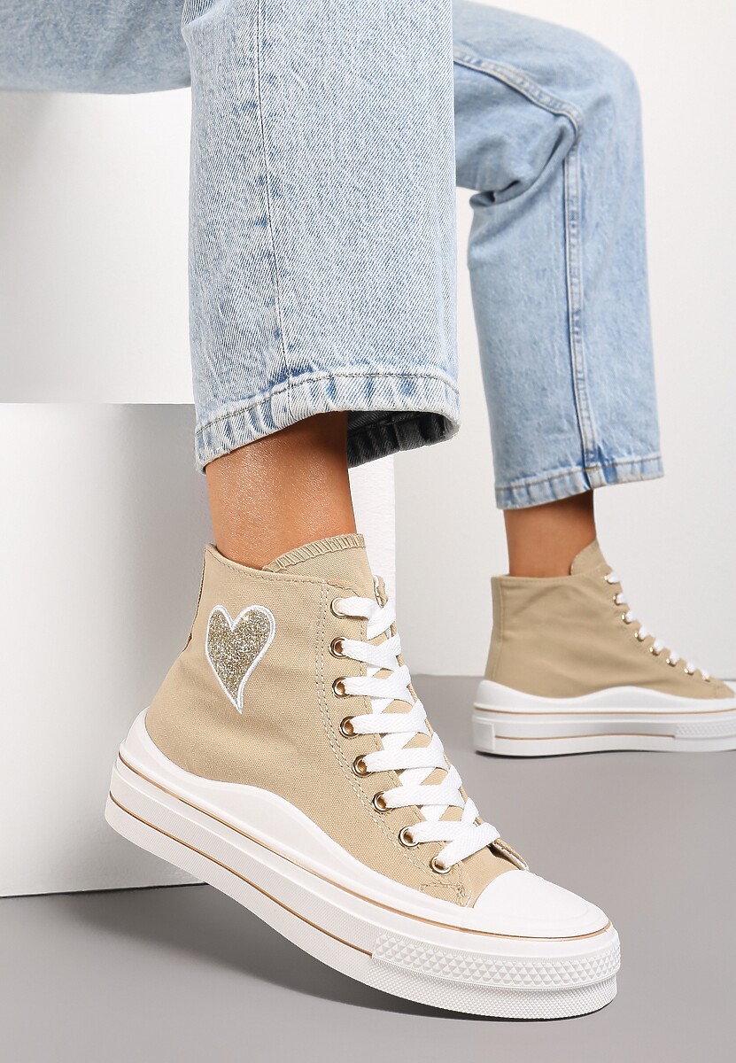 Beżowe Trampki za Kostkę na Niskiej Platformie z Brokatową Ozdobą w Kształcie Serca Annexla