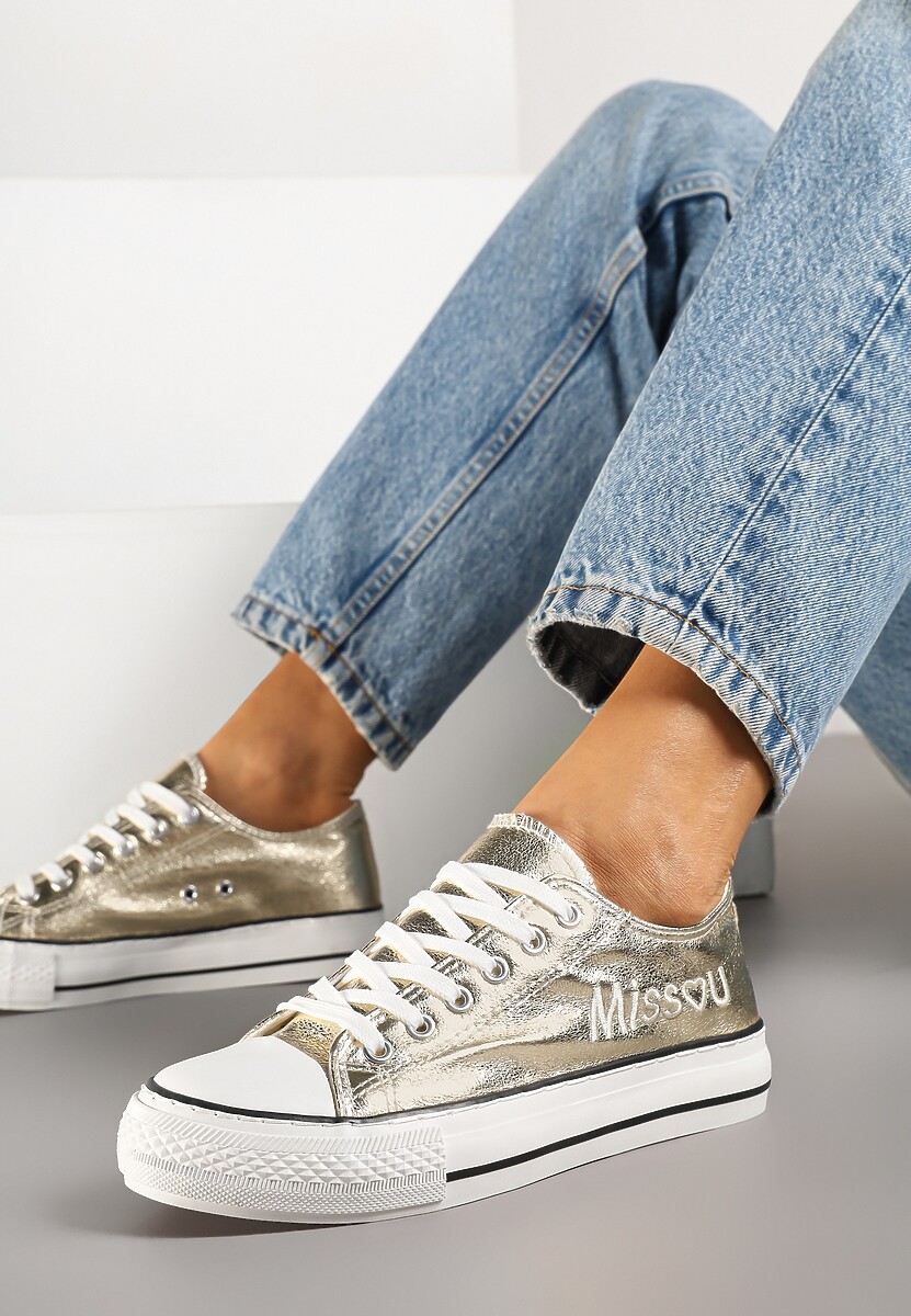 Panterkowe Brokatowe Trampki z Napisem i Niską Cholewką Borlevi