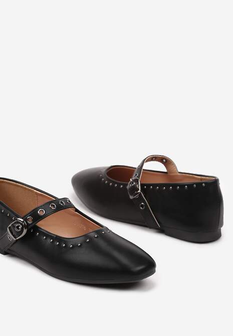 Czarne Balerinki na Płaskiej Podeszwie Mary Jane z Ćwiekami Bialonna