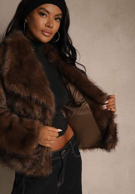 Brązowa Kurtka Futrzana Ozdobiona Kołnierzem Avelire