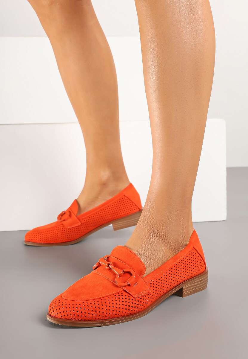 Pomarańczowe Mokasyny Vices z Perforacją z Wkładką ze Skóry Naturalnej Felithria