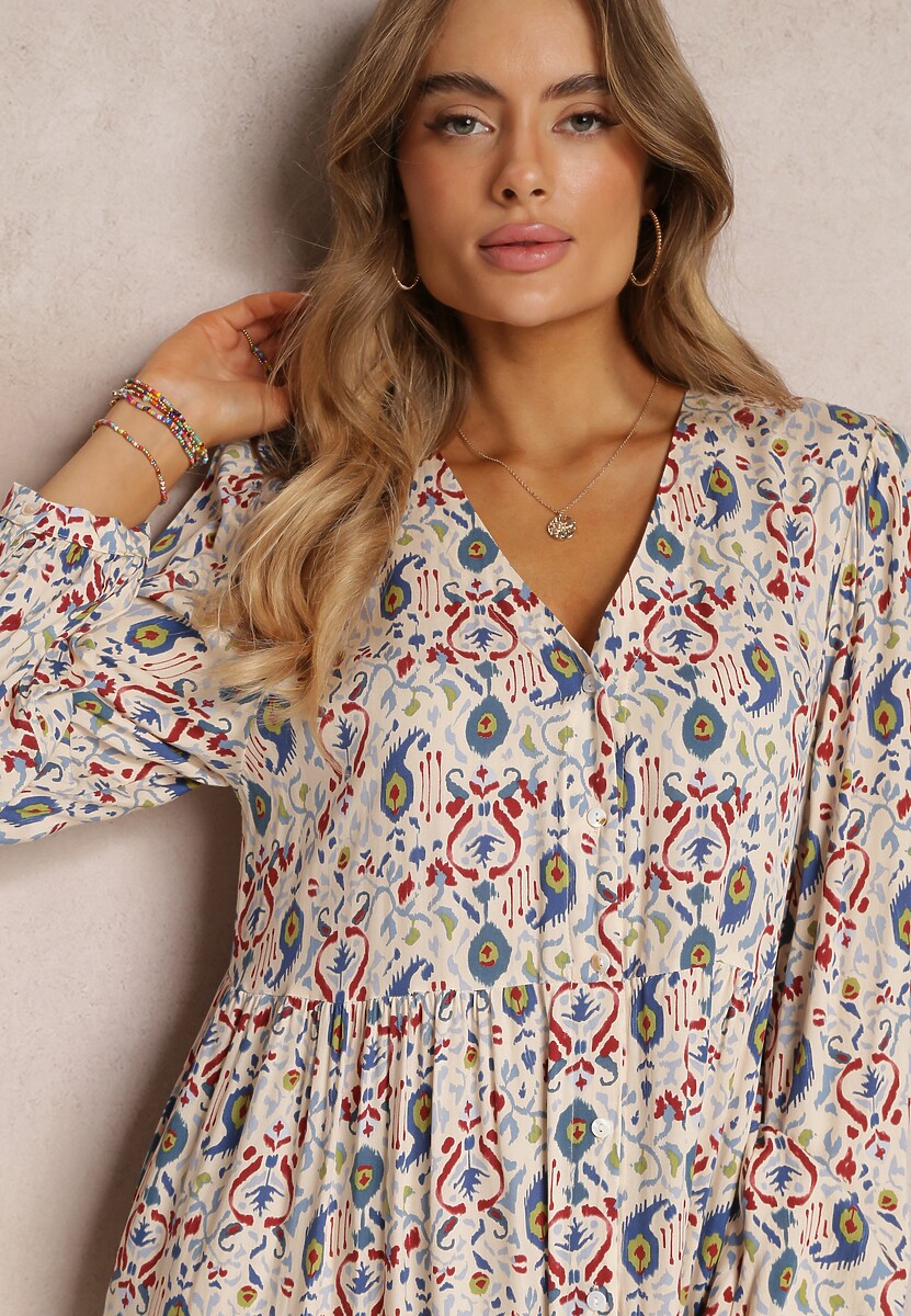 Jasnobeżowa Rozkloszowana Sukienka Koszulowa w Kwiaty Leathy