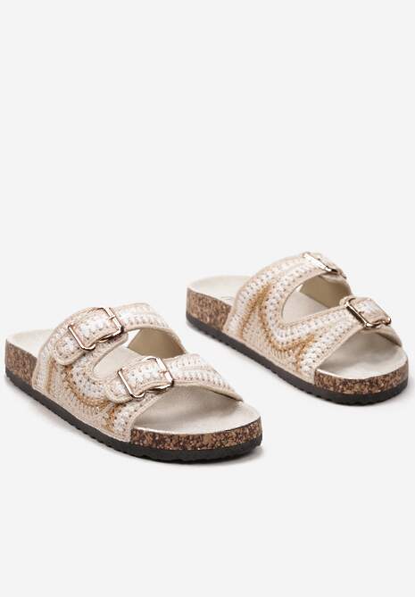 Beżowe Klapki Ozdobione Wzorem na Szydełku z Korkową Grubą Podeszwą i Klamrami Kanthe