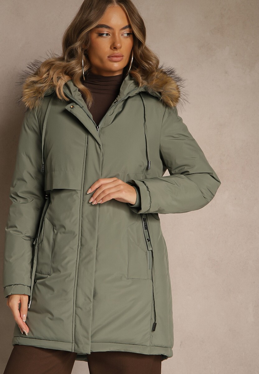 Zielona Klasyczna Kurtka Parka z Kapturem z Futrem Nalisava