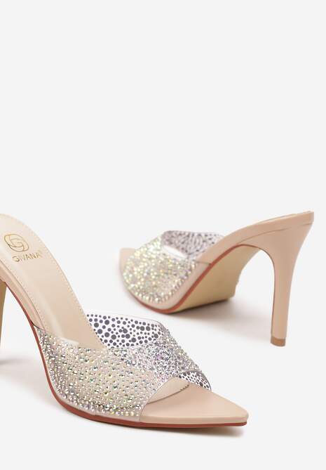 Beżowe Klapki na Szpilce Ozdobione Przezroczystą Cholewką i Cyrkoniami Lorfitia