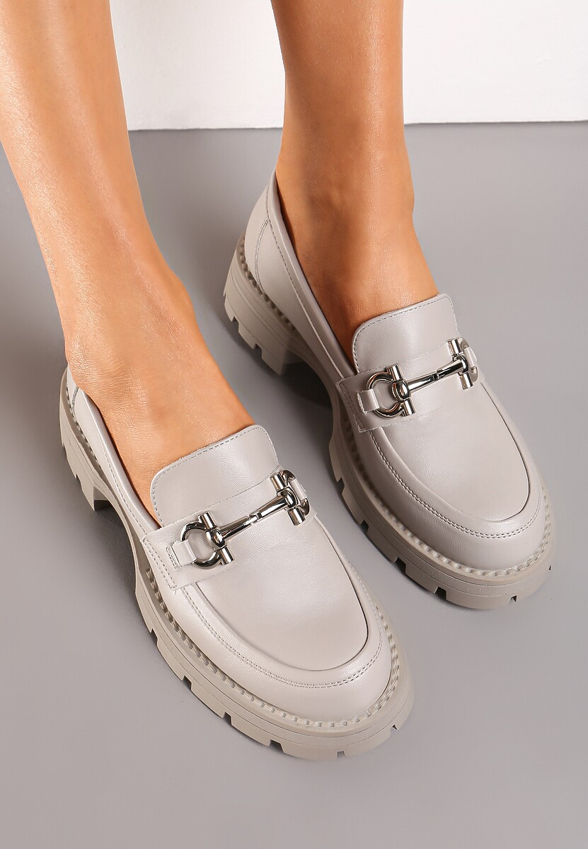 Jasnoszare Mokasyny Klasyczne na Grubej Podeszwie ze Skórzaną Wkładką Hecatema