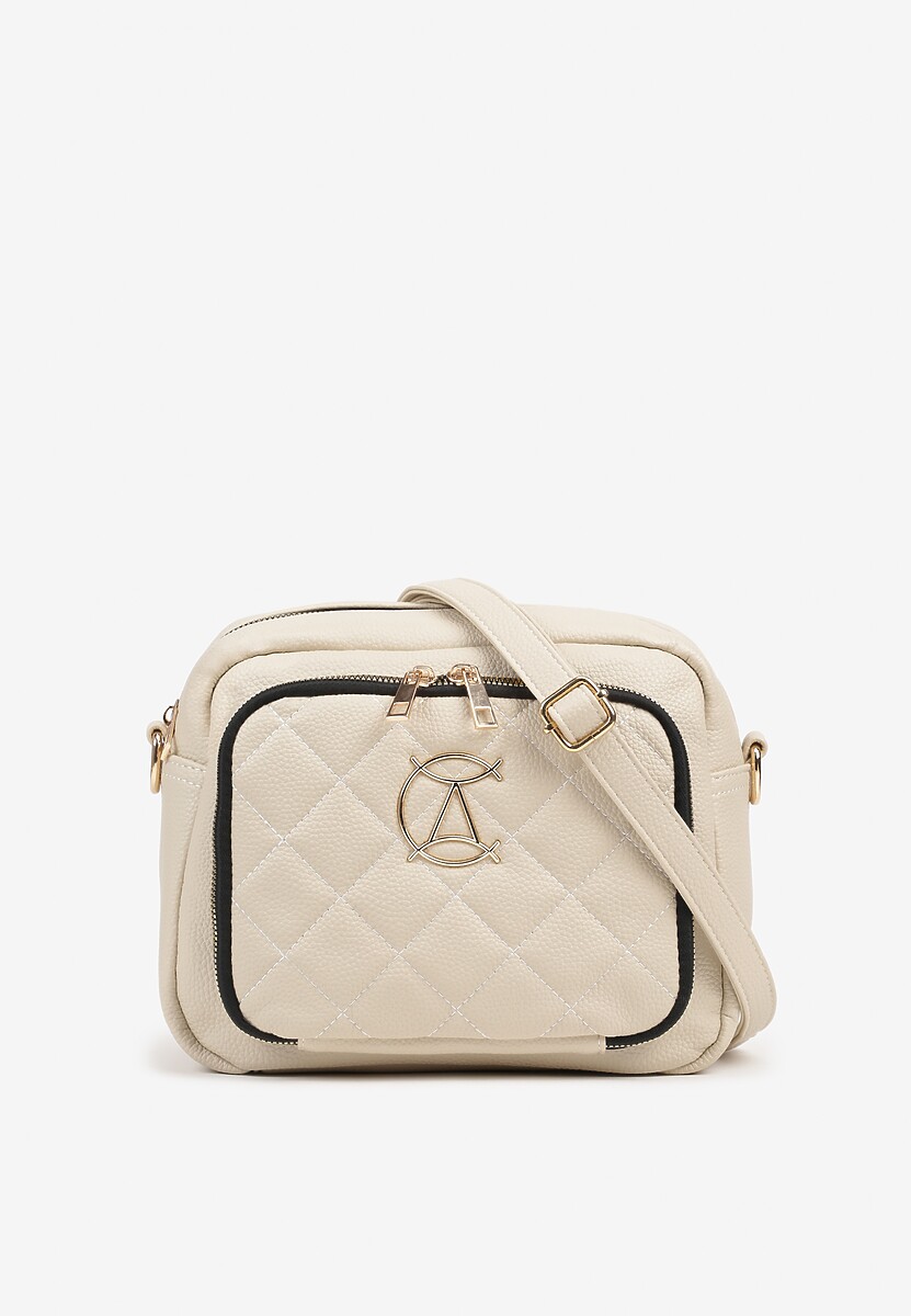 Beżowa Torebka Listonoszka Zdobiona Pikowanymi Przeszyciami i Aplikacją Paselia