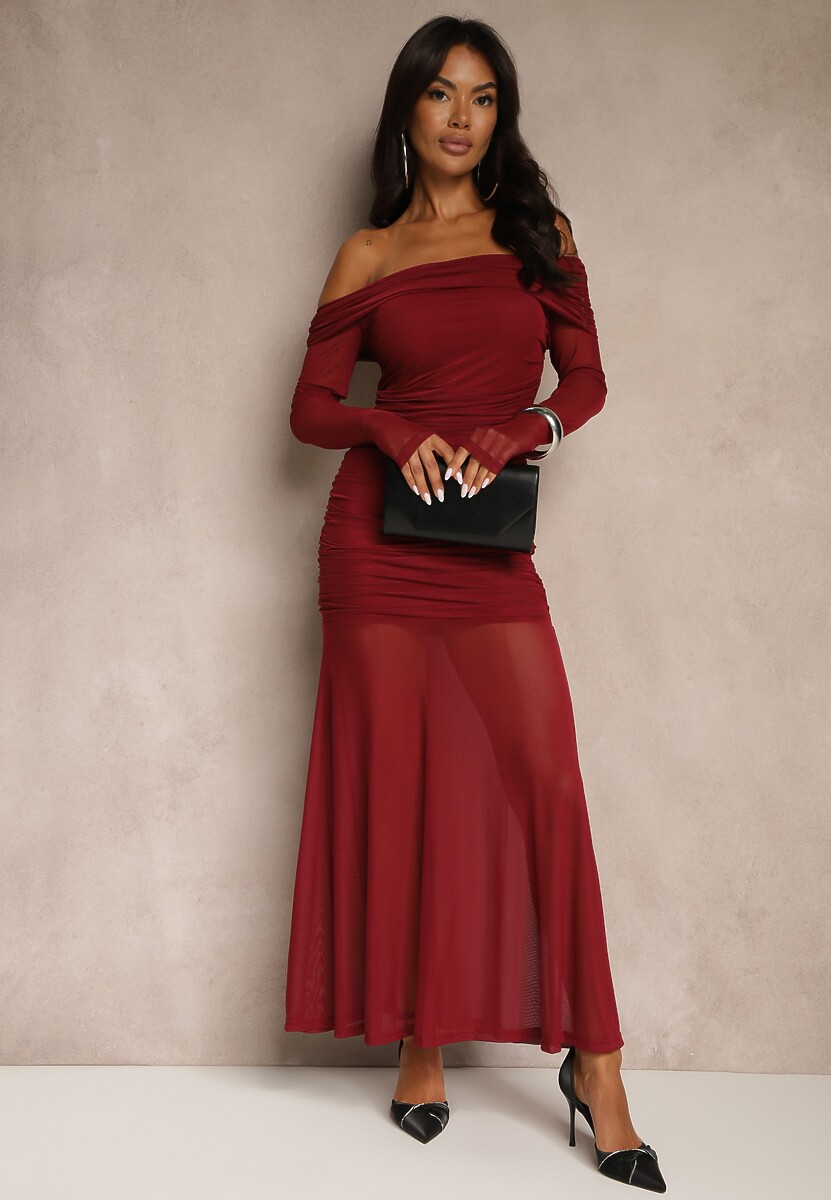 Bordowa Koktajlowa Sukienka z Prześwitującymi Rękawami i Marszczeniem Haludea