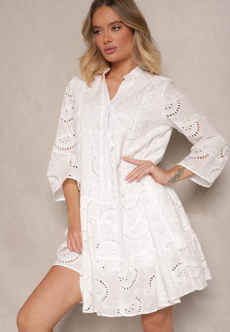 Biała Haftowana Sukienka Boho z Bawełny o Rozkloszowanym Kroju Helavira