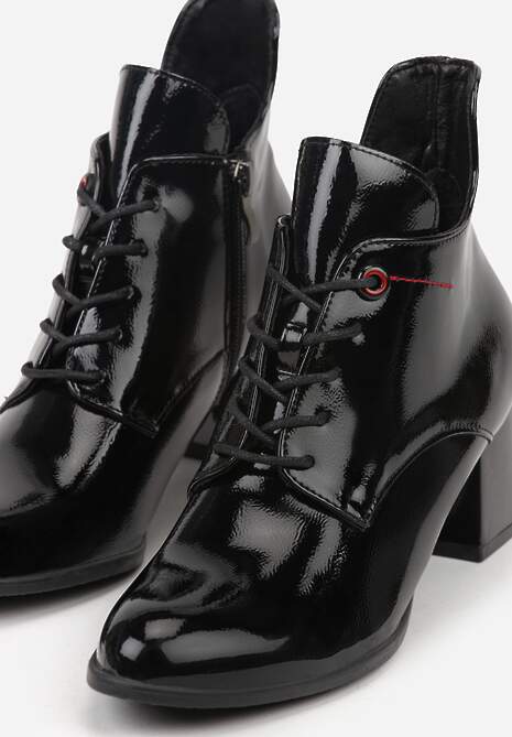 Czarne Asymetryczne Lakierowane Botki VICES na Obcasie ze Sznurowaną Cholewką Zalles