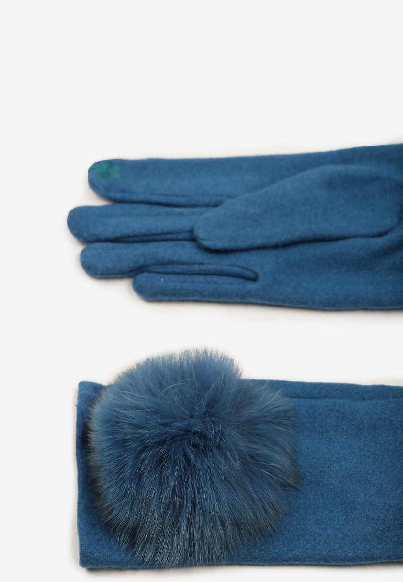 Niebieskie Rękawiczki z Bawełną Ozdobione Futrzanym Pomponem Nadelina