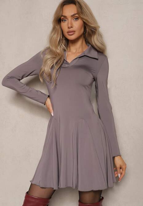 Szara Sukienka z Wiskozą o Rozkloszowanym Kroju z Kołnierzykiem Ettoria