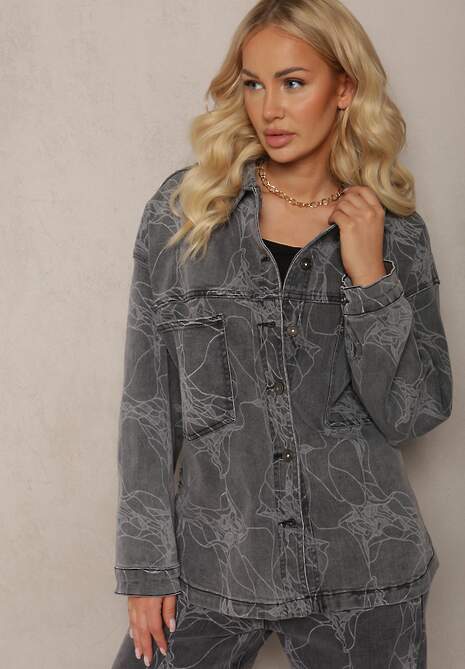 Ciemnoszara Jeansowa Kurtka w Marmurkowy Wzór Neirana