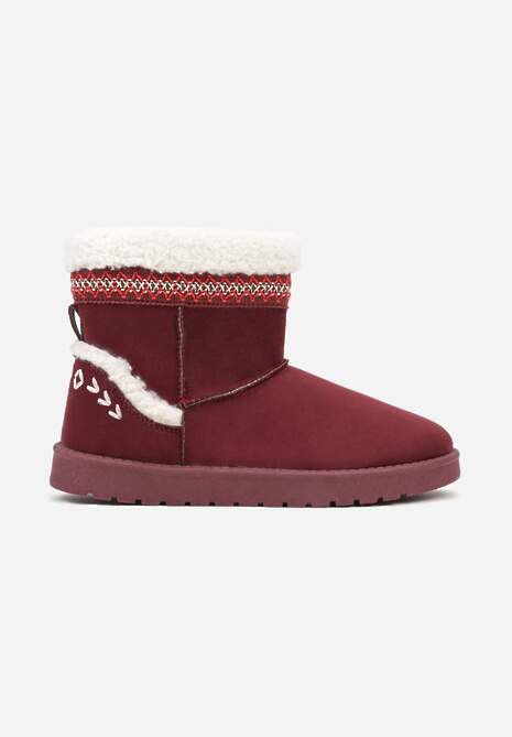 Bordowe Śniegowce o Wsuwanym Fasonie z Haftem i Futrem przy Cholewce Mevinadia
