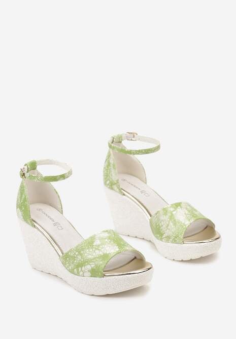 Zielone Sandały na Ozdobnym Koturnie z Kolorową Cholewką i Skórzaną Wkładką Yailyna