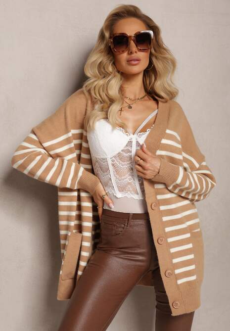 Beżowy Kardigan w Paski o Wydłużonym Fasonie z Dekoltem V Zapinany na Guziki Ravime
