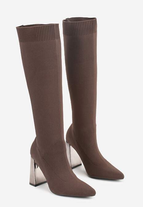 Brązowe Skarpetkowe Kozaki Vices na Słupku z Metalicznym Połyskiem Tuvitte