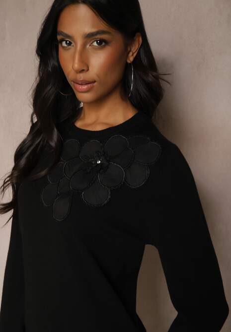 Czarny Sweter z Modalem i Wiskozą Ozdobiony Aplikacjami 3D Desalttia