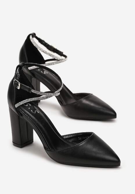 Czarne Czółenka na Słupku ze Szpiczastym Noskiem i Paskiem w Cyrkonie Jiansa