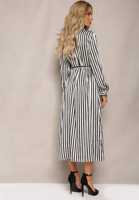 Czarno-Biała Koszulowa Sukienka Długa w Paski z Materiałowym Paskiem Jasilia