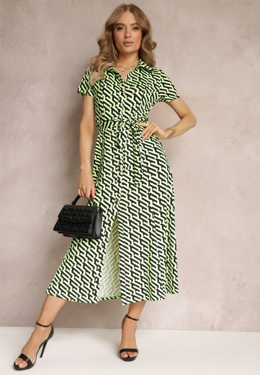 Zielona Rozkloszowana Sukienka Midi w Koszulowym Stylu Emerrisa