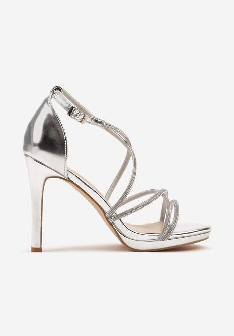 Srebrne Sandały Na Szpilce z Paseczkami Ozdobionymi Cyrkoniami Sorisma