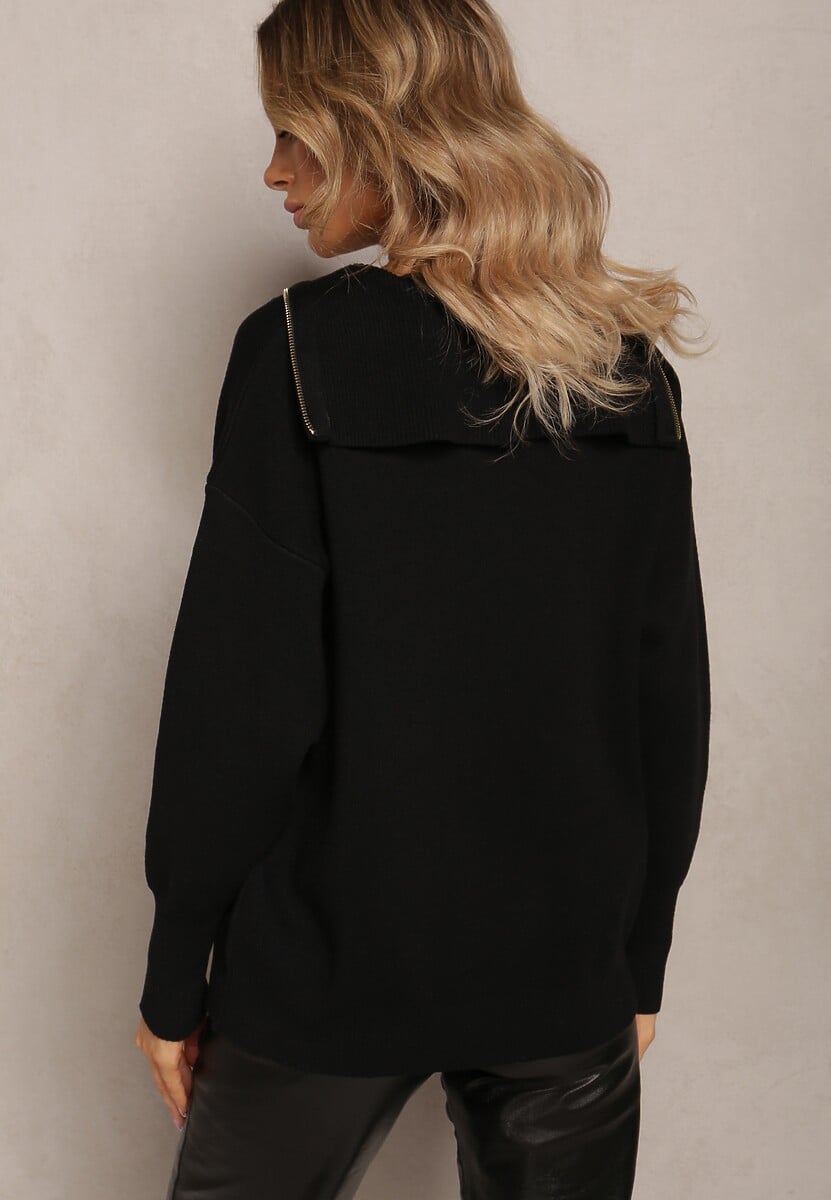 Czarny Golf w Stylu Sweterkowym z Zamkiem na Dekolcie Davinde