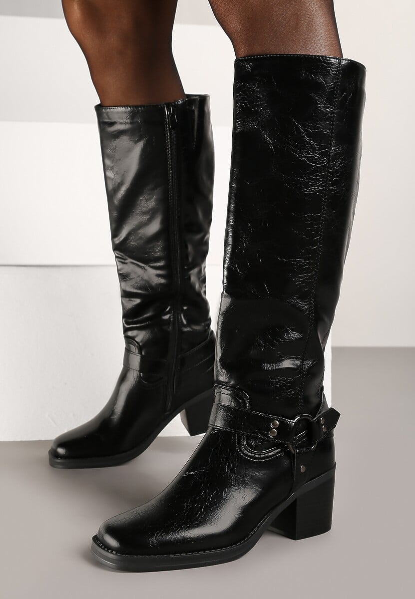 Czarne Kozaki na Obcasie w Stylu Bikerów z Okrągłą Klamrą Eziella